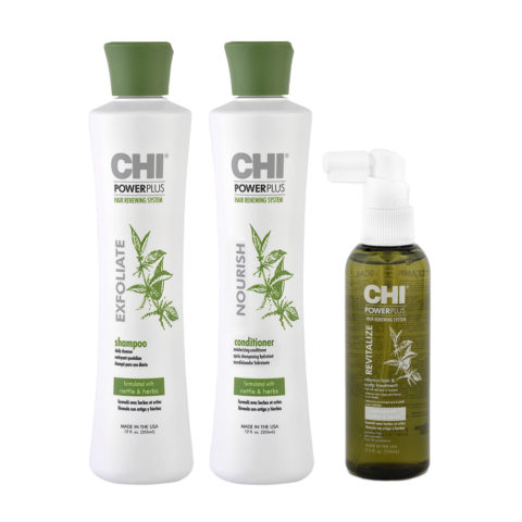 CHI Powerplus Shampoo 355ml Balsamo 355ml Spray anticaduta energizzante 104ml