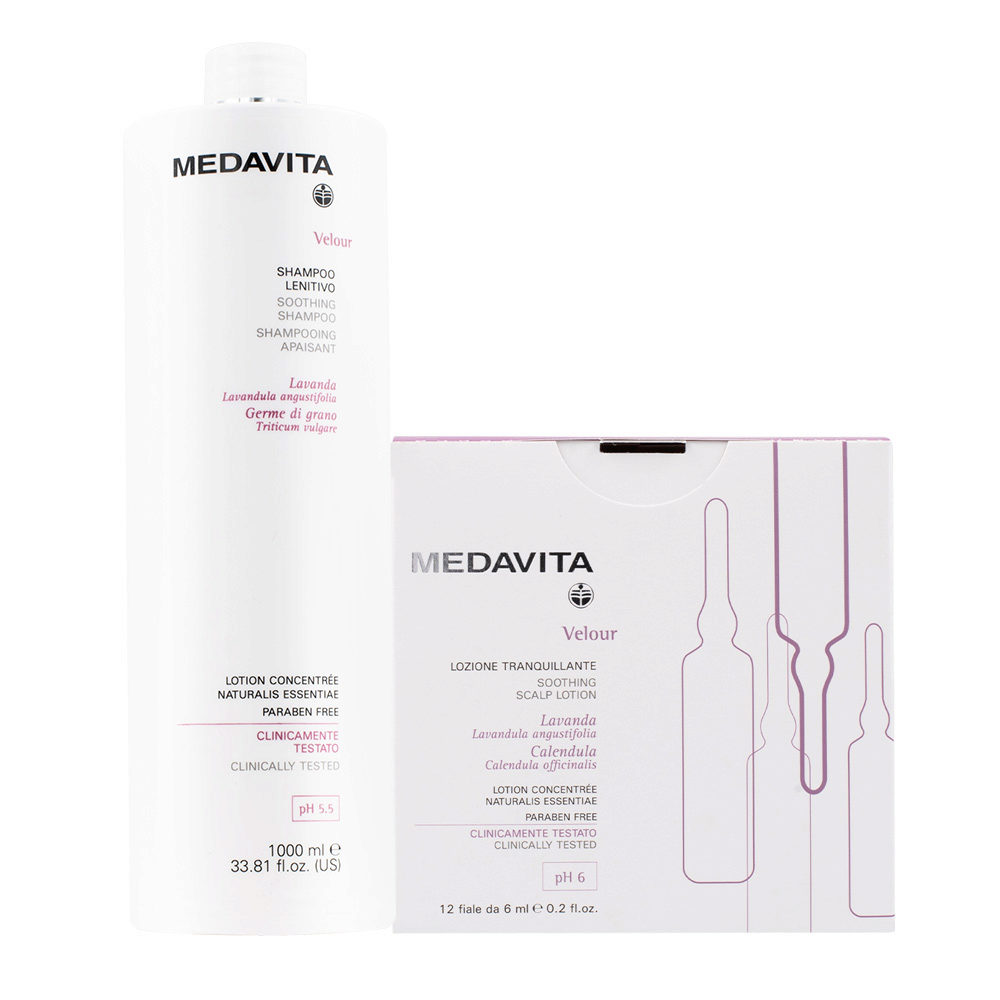 Medavita Velour Shampoo Lenitivo 1000ml e Fiale 12x6ml per Cute con Desquamazione