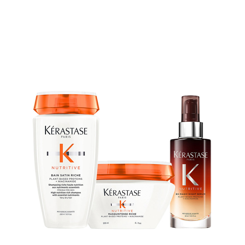 Kerastase Nutritive Kit Capelli Secchi Shampoo Satin 2, 250ml Maschera  Capelli Grossi 200ml Siero Notte 90ml