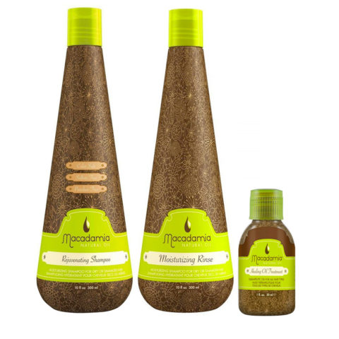 Macadamia Kit per Capelli Secchi Shampoo 300ml Balsamo 300ml Olio di Argan 27ml