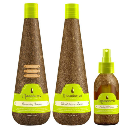 Macadamia Kit per Capelli Secchi Shampoo 300ml Balsamo 300ml Spray 125ml