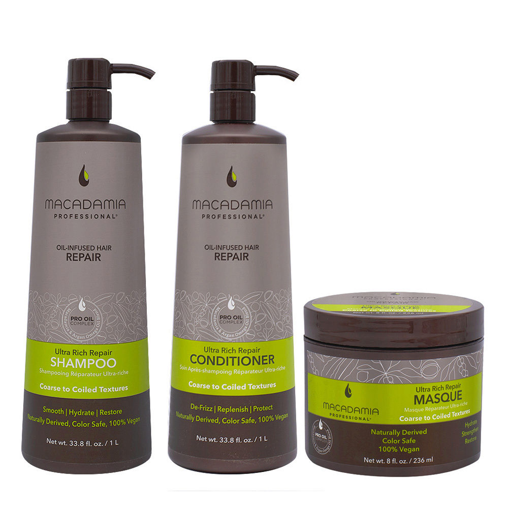 Macadamia Capelli Rovinati e Grossi Shampoo 1000ml Balsamo 1000ml Maschera 236ml