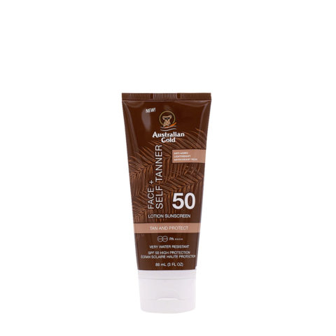 Australian Gold SPF50 Face+ Self Tanner Lotion Sunscreen 88ml - protezione con autoabbronzante