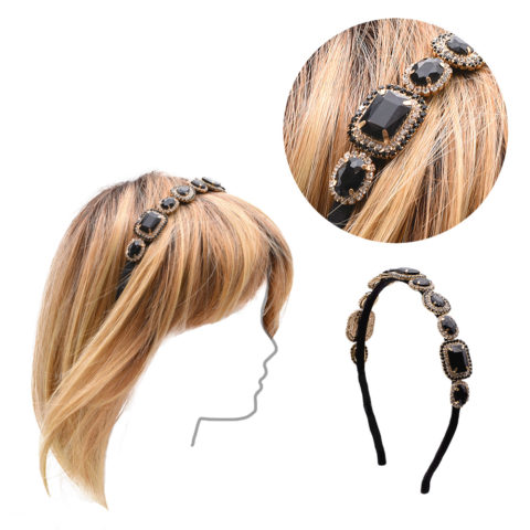 Cerchietto in Grosgrain Nero con Cristalli e Gemme