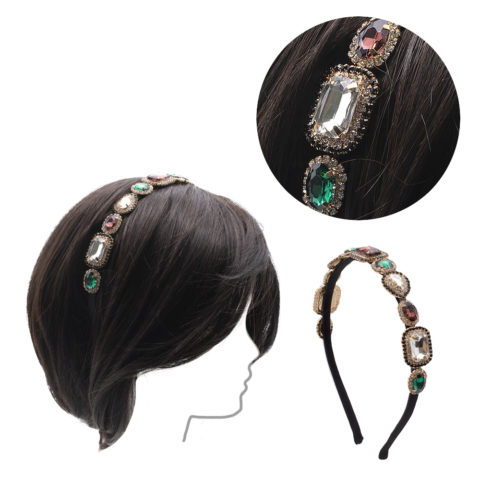 VIAHERMADA Cerchietto in Grosgrain Nero con Cristalli e Gemme Multicolor