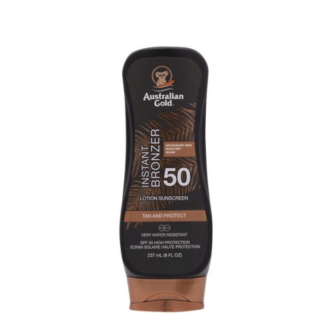 Australian Gold SPF50 Instant Bronzer Lotion Sunscreen 237ml - protezione solare con autoabbronzante