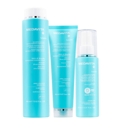 Medavita Solarich  Shampoo Doccia 400ml Maschera Doposole 150ml Olio Spray protettivo SPF 15 150ml