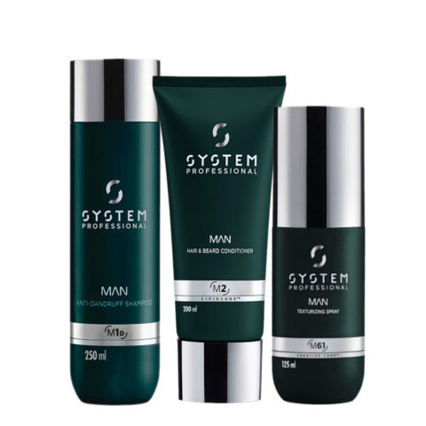 System Professional Man Anti DanDruff Shampoo 250ml Hair & Beard Conditioner 200ml Texturizing Spray 125ml