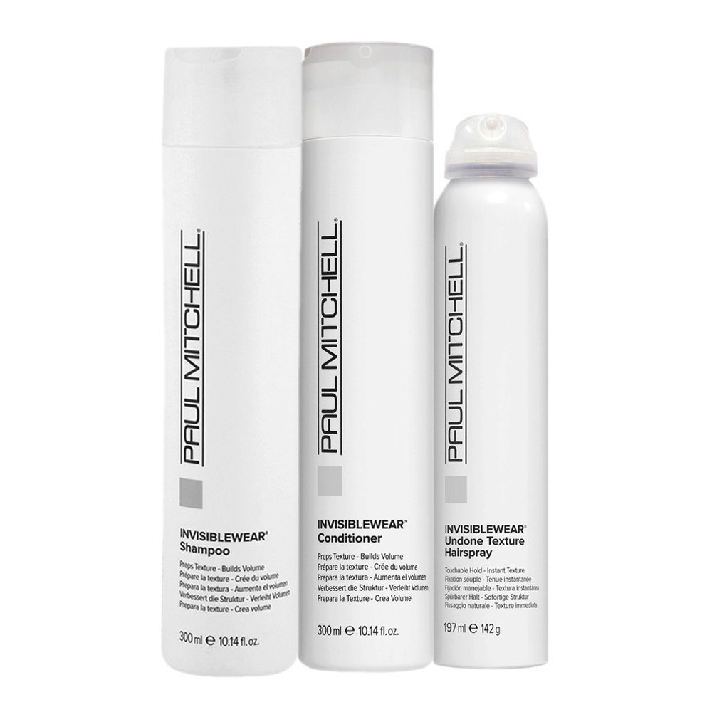 Paul Mitchell Invisiblewear Shampoo 300ml Conditioner 300ml Undone Texture Hairspray 197ml