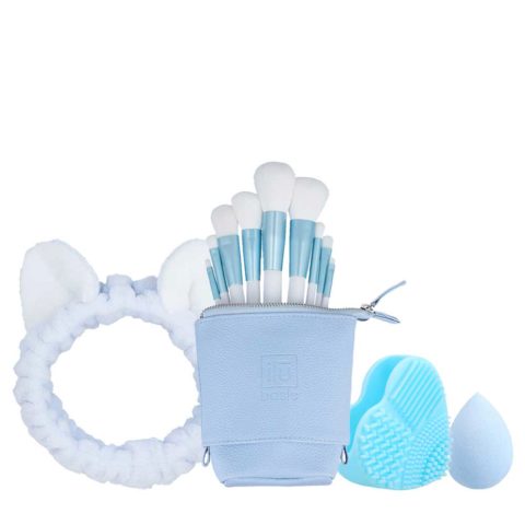 Skin Care Headband Blue Basic Brushes 9pz + Case Set Blue Brush Cleaner Blue Raindrop Sponge Blue