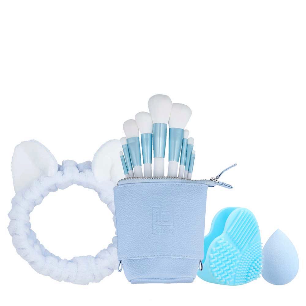 ilū Skin Care Headband Blue Basic Brushes 9pz + Case Set Blue Brush Cleaner Blue Raindrop Sponge Blue