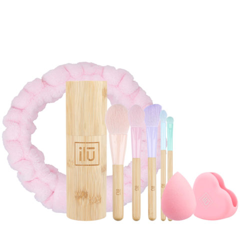 ilū Skin Care Headband Pink Bamboom Brush 5pz+Tube Set Raindrop Sponge Pink Brush Cleaner Pink