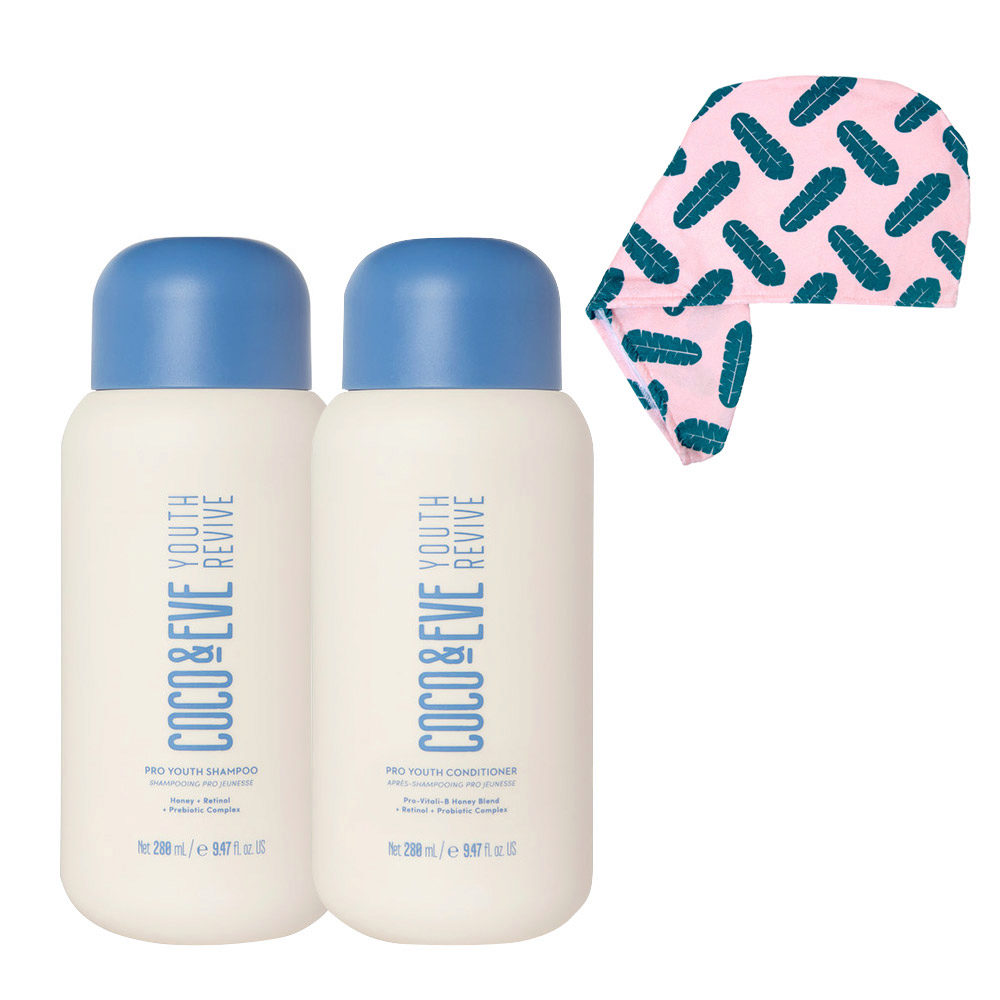 Coco & Eve Youth Revive Pro Youth Shampoo 280ml Conditioner 280ml +  Microfibre Towel Wrap Leaf Print