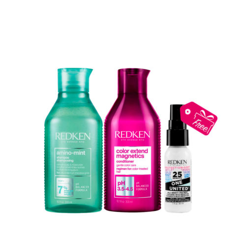 Redken Amino Mint Shampoo 300ml Color Extend Magnetics Conditioner 300ml + One United All In One Spray 30ml OMAGGIO