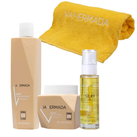 Silky Shampoo 250ml  Mask 250ml Silky Oil 50ml + Asciugamano da mare giallo OMAGGIO